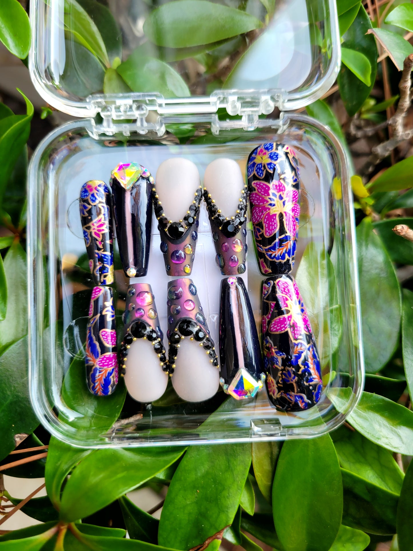Black Raindrop Floral Long Coffin Custom Reusable Glue On Gel Press On Nail Set