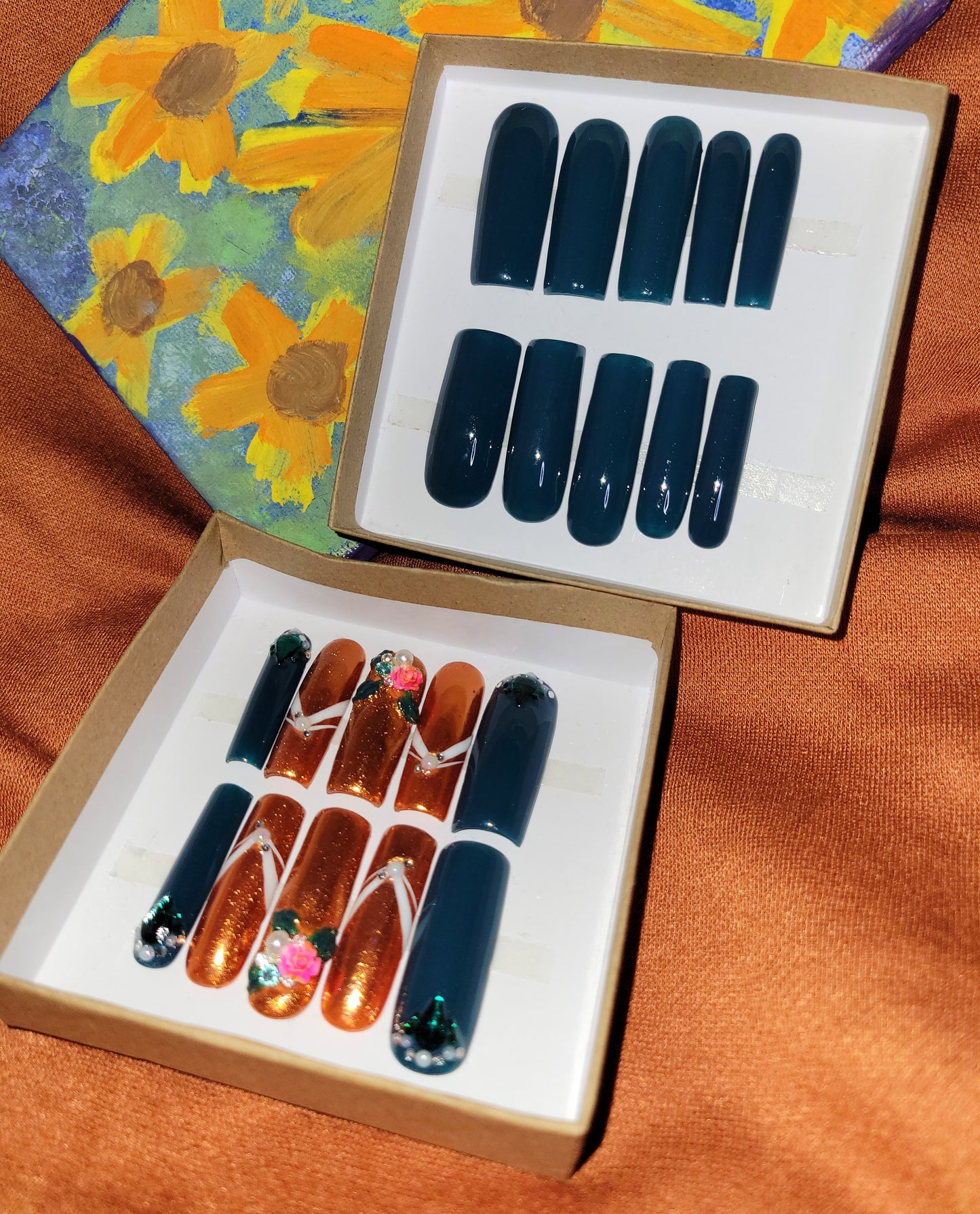 Emerald Green and Fall Orange Gel Press On Nail Set