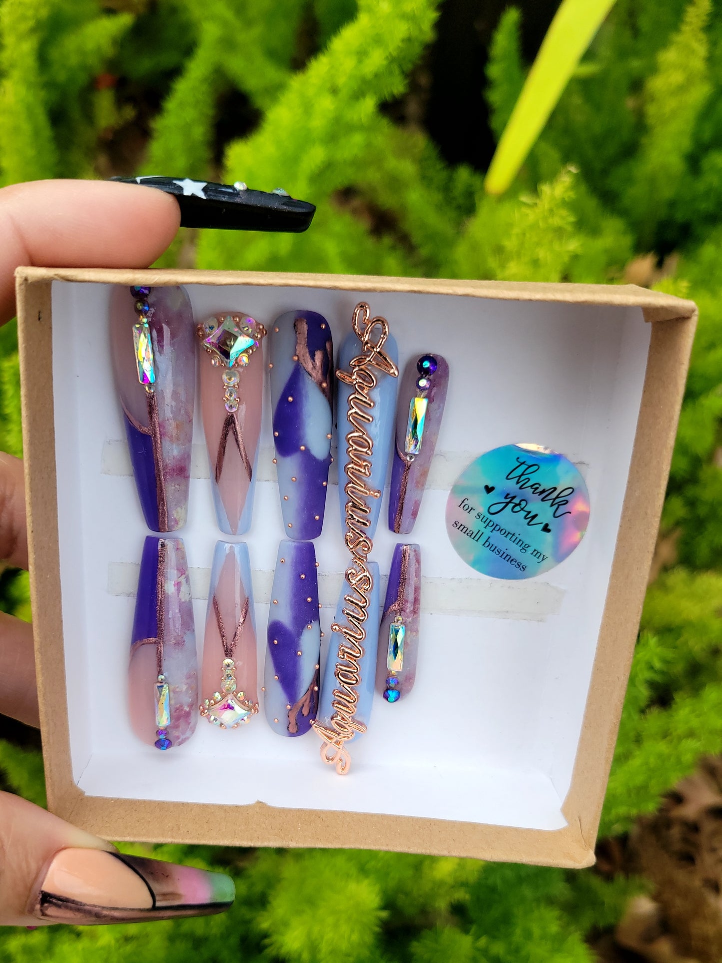 Aquarius Light Blue and Purple Gel Glue On Press On Custom Nail Set