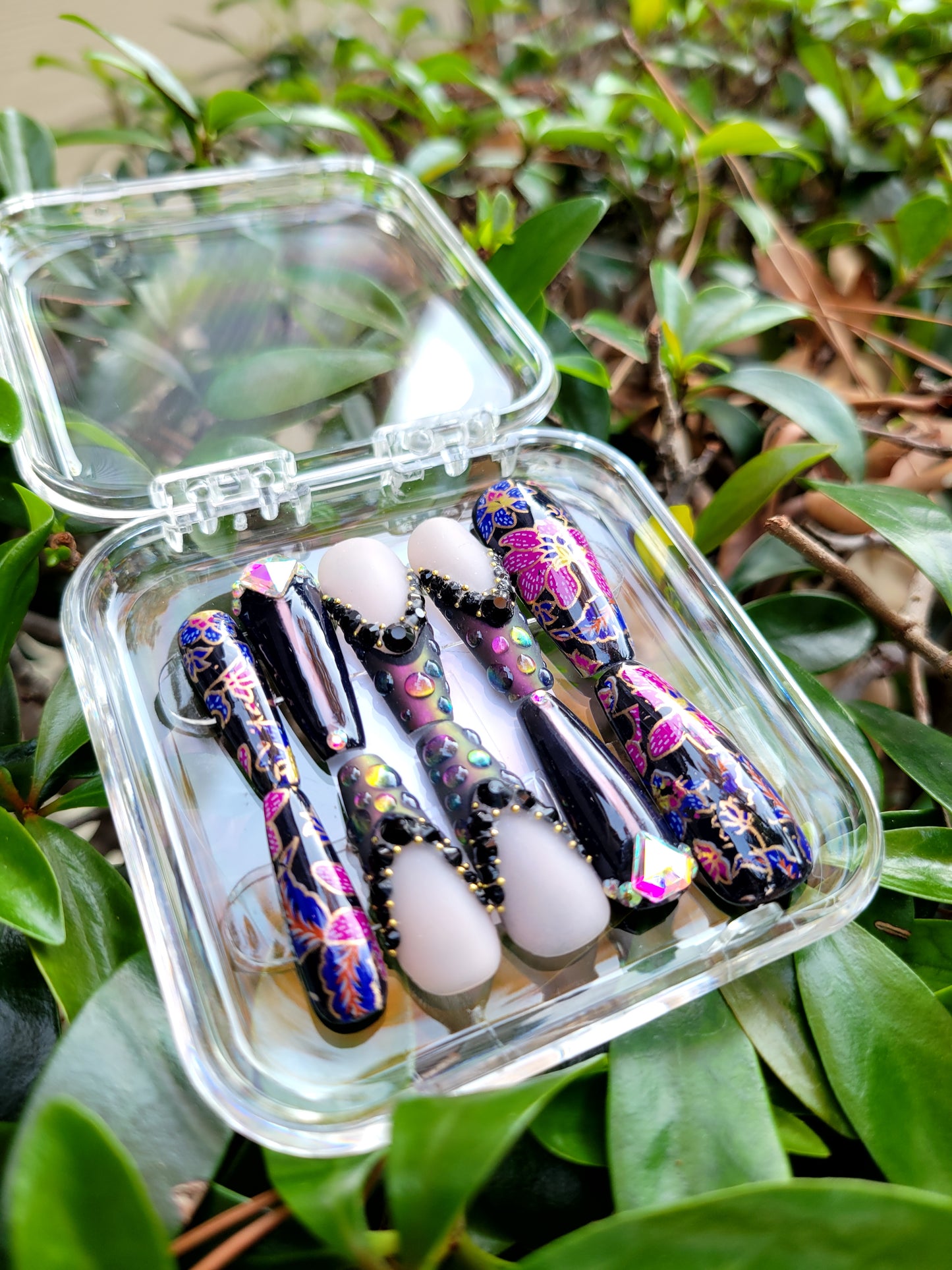 Black Raindrop Floral Long Coffin Custom Reusable Glue On Gel Press On Nail Set