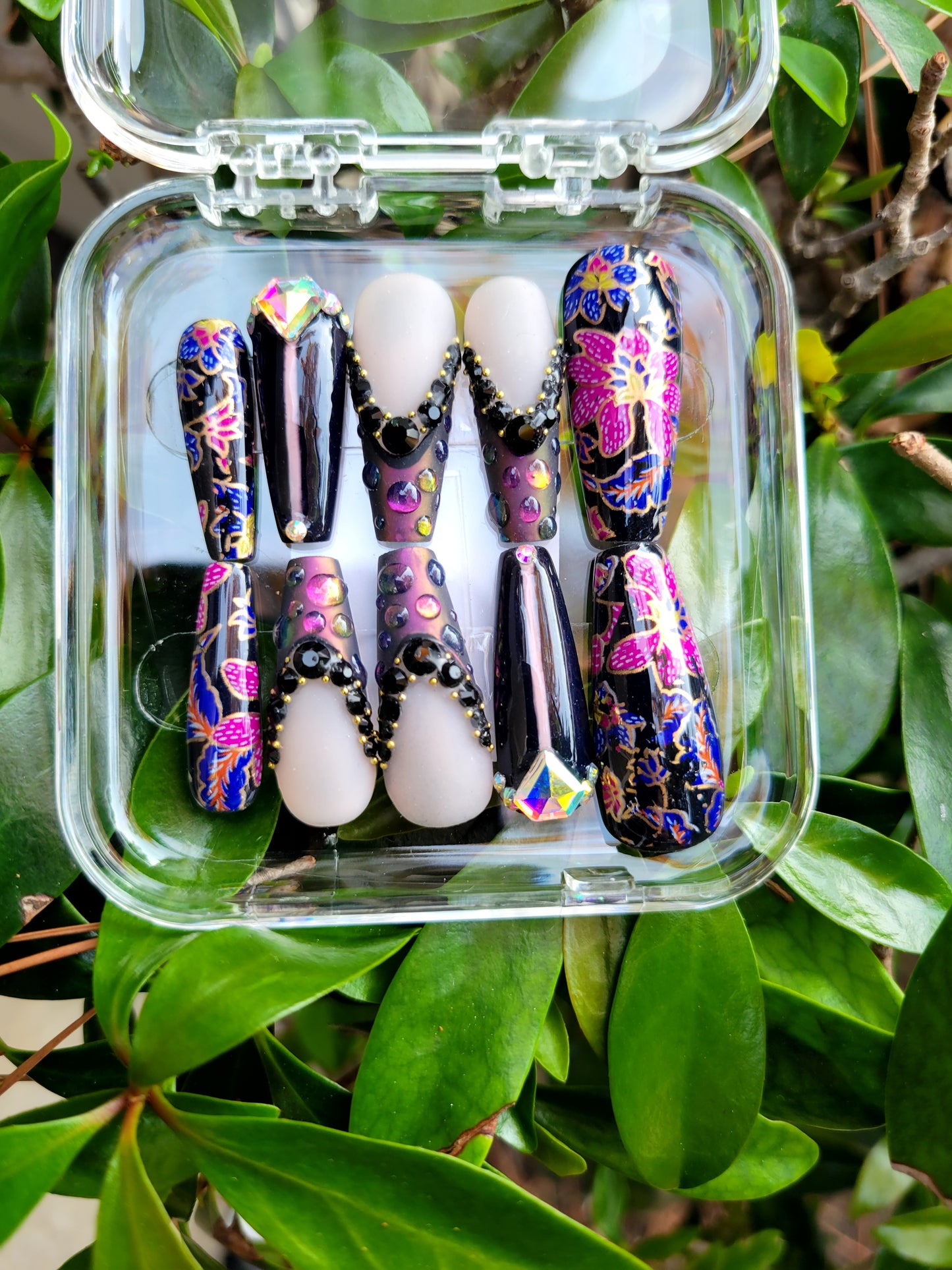 Black Raindrop Floral Long Coffin Custom Reusable Glue On Gel Press On Nail Set