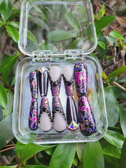 Black Raindrop Floral Long Coffin Custom Reusable Glue On Gel Press On Nail Set