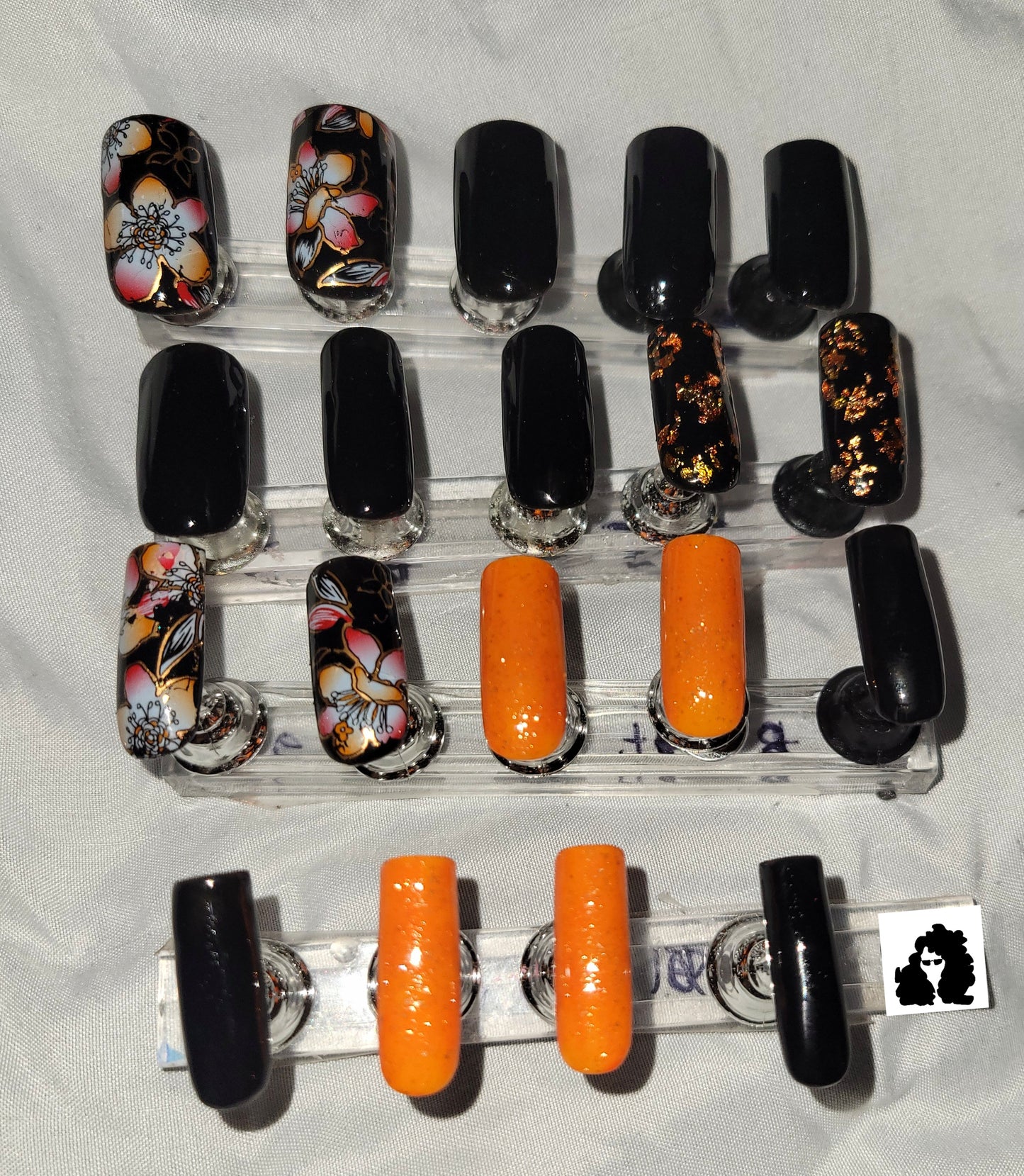 Orange and Black Floral Custom Glue On Press On Reusable Gel Medium Square Nail Set