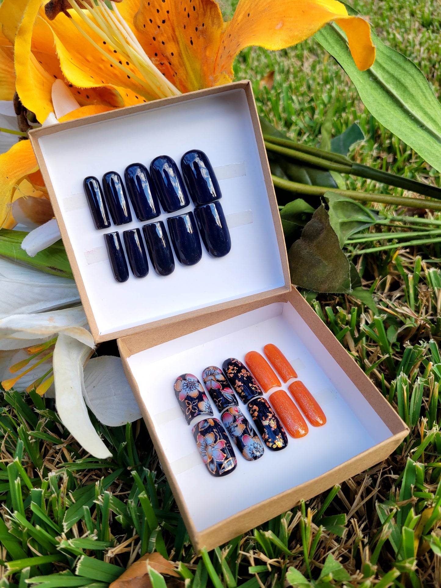 Orange and Black Floral Custom Glue On Press On Reusable Gel Medium Square Nail Set