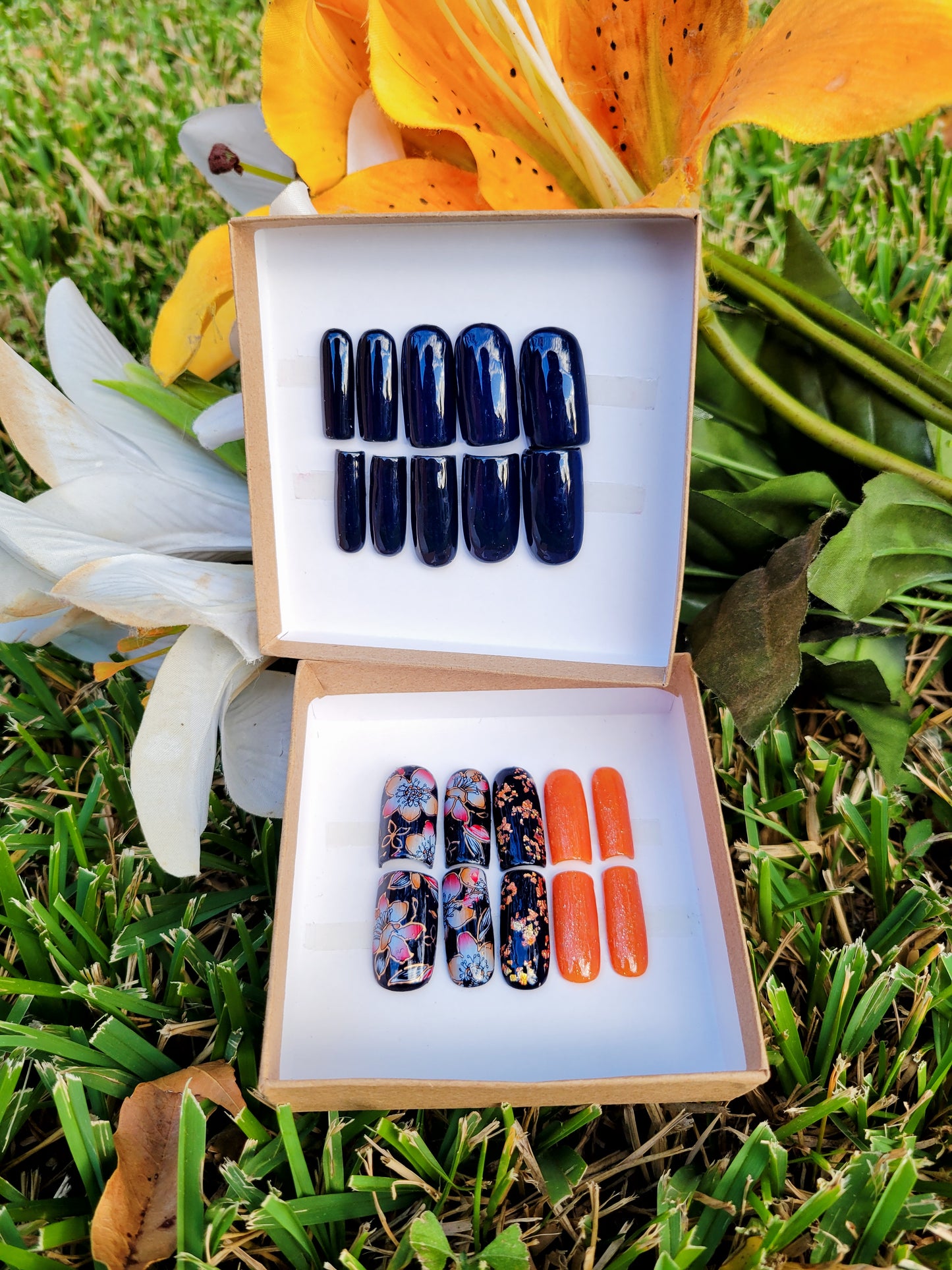 Orange and Black Floral Custom Glue On Press On Reusable Gel Medium Square Nail Set