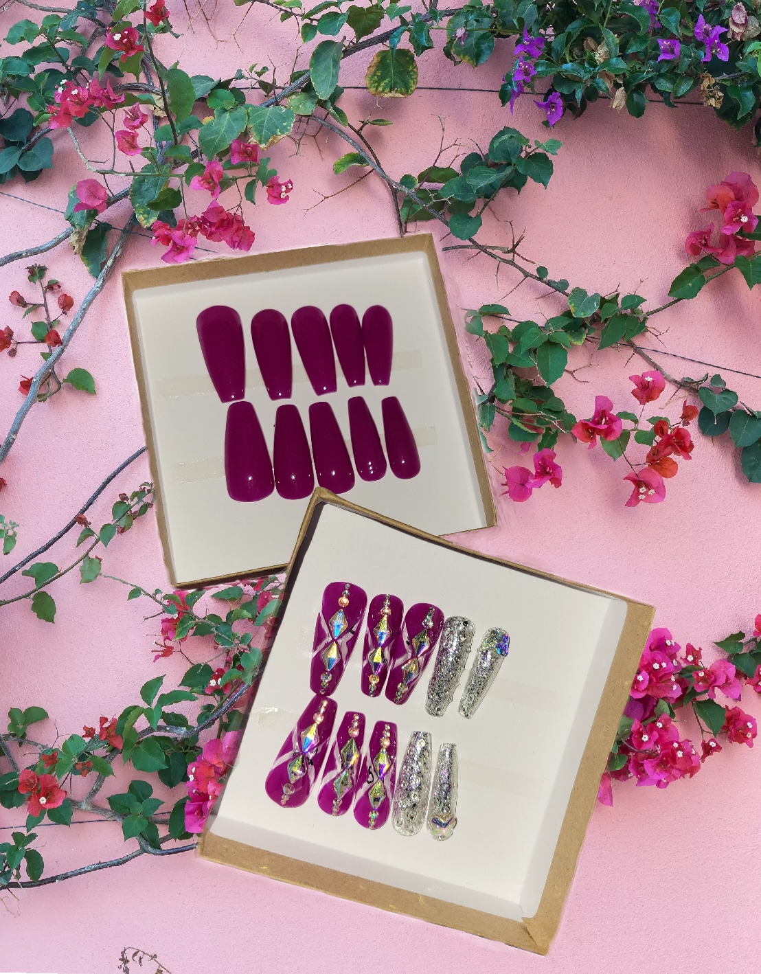 Purple and Silver Glitter Rhinestone Custom Glue On Press On 20 Reusable Gel Long Coffin Nails Set